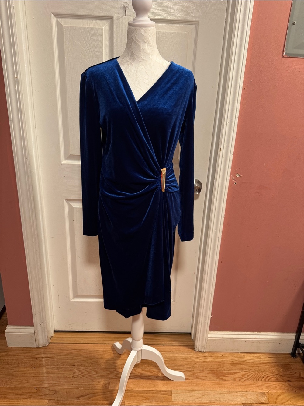 Calvin Klein Deep Blue Velvet Wrap Dress with Gold Accent